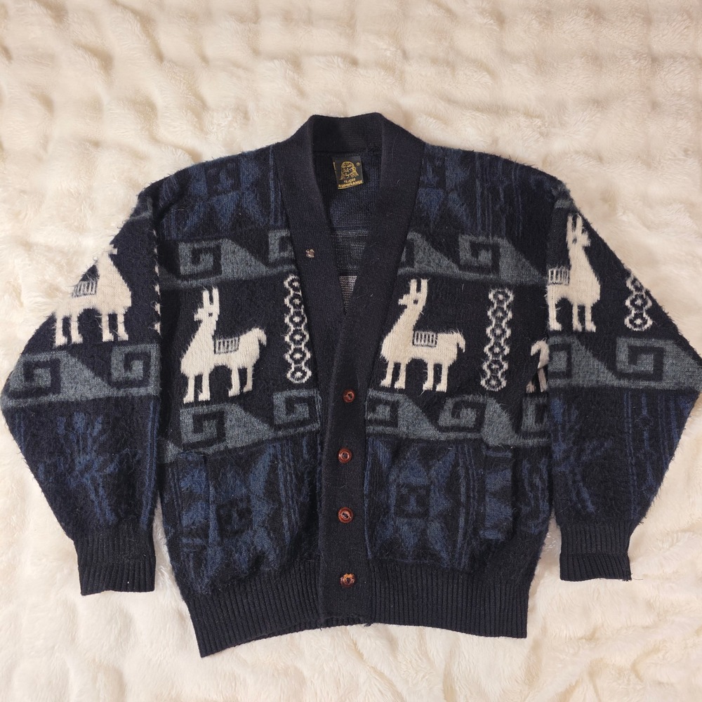 Tejidos Ruminahui Cardigan Unisex L Navy Blue Good Llama Geometric Wool Blend